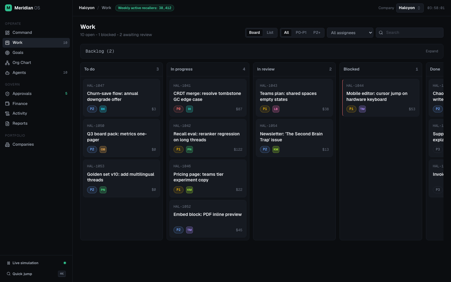 Meridian OS — Work board: To do, In progress, In review, Blocked, Done